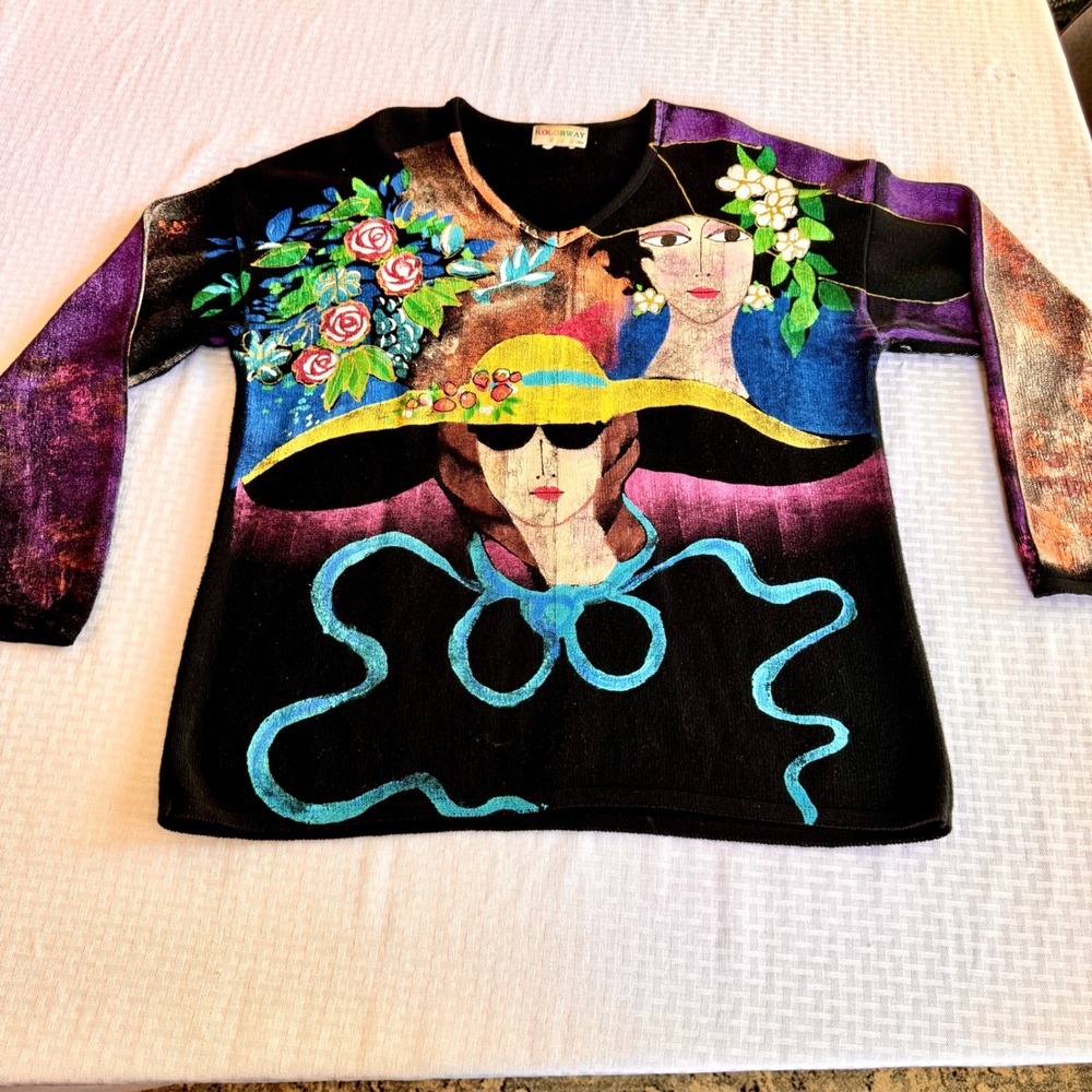 Vintage Kolorway USA Art Wear Sweater Women Portrait Graphic Knit Multi Color XL